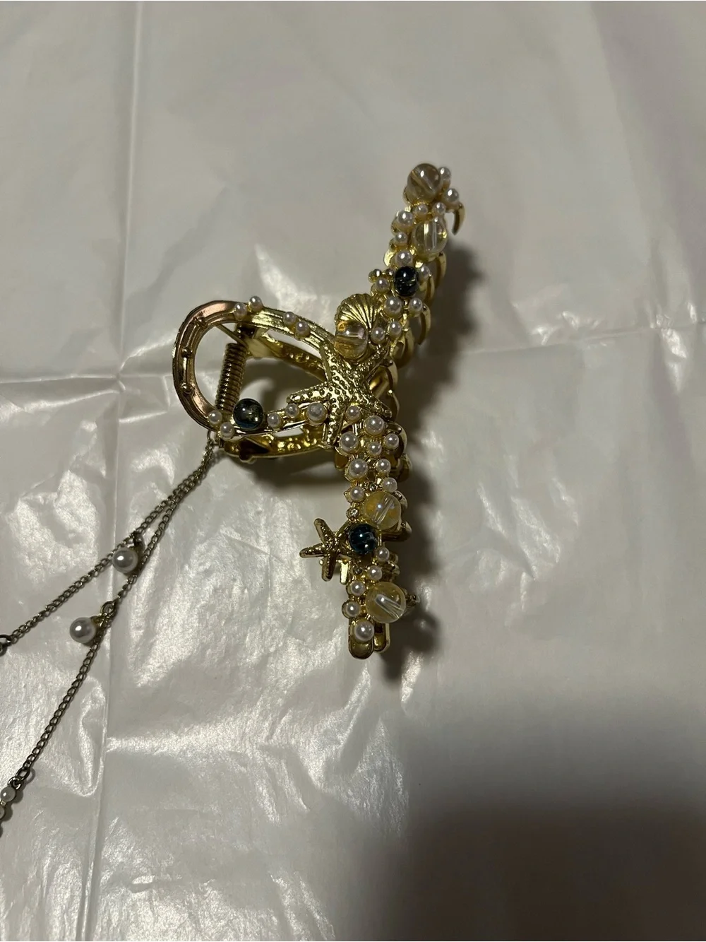 Gold Pearl Starfish Drop Hair Claw Clip - Women Hair Accessories